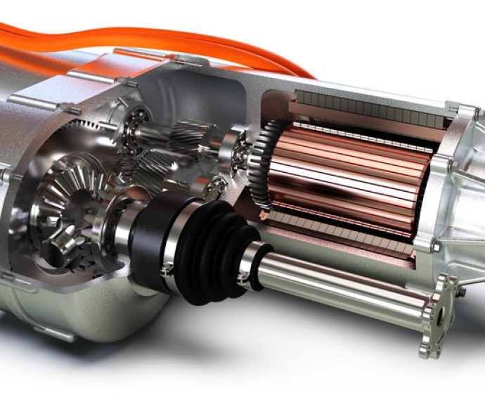 Electric motor car engine cross section closeup view, 3D rendering
